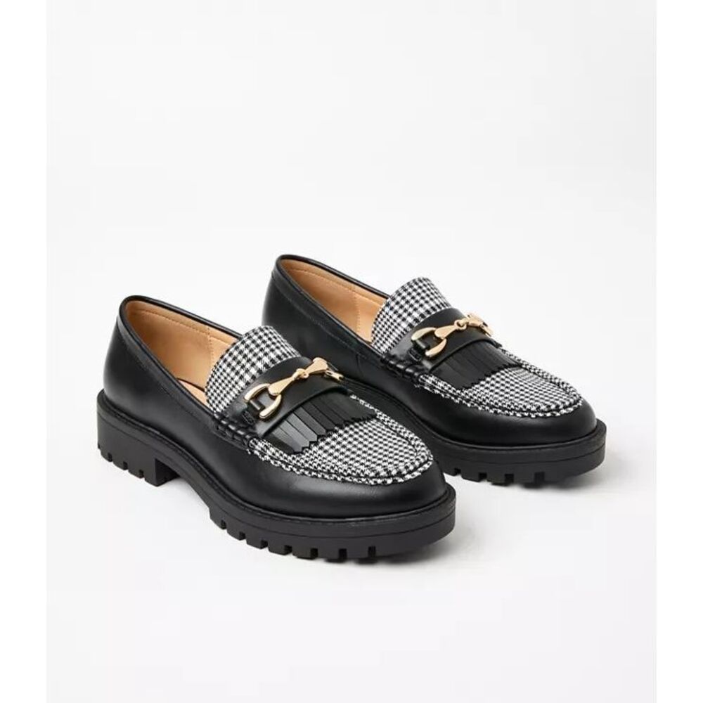 LOFT Houndstooth Lug Sole Loafers Slip On Platform Shoes Black White 8 NEW